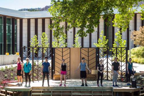 Chris Detrick  |  The Salt Lake Tribune
Utah Shakespeare Festival actors rehearse The Greenshow outside the new Engelstad Shakespeare Theatre in Cedar City on Friday June 17, 2016. The  outdoor theater is the centerpiece of Southern Utah University's $39 million Beverley Center for the Arts, which also houses USF's new 200-seat Eileen and Allen Anes Studio Theatre and the $8 million Southern Utah Museum of Art.
