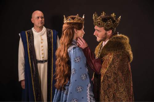 Larry Bull (left) as Chorus as Duke of Burgundy, Leslie Lank as Katherine, and Sam Ashdown as Henry V in the Utah Shakespeare Festival's 2016 production of "Henry V." Courtesy  |  Karl Hugh, Utah Shakespeare Festival