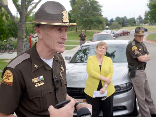 Al Hartmann  |  The Salt Lake Tribune 
New Utah Highway Patrol Col. Michael Rapich speaks at a news conference in Taylorsville Wed. June 29.  He expects the Fourth of July weekend to have the heaviest traffic of the year, and the UHP is hoping to minimize fatalities.  They will be out in force throughout the state but are paying attention to agressive driving along the Wasatch front.  Unmarked cars will be out too.