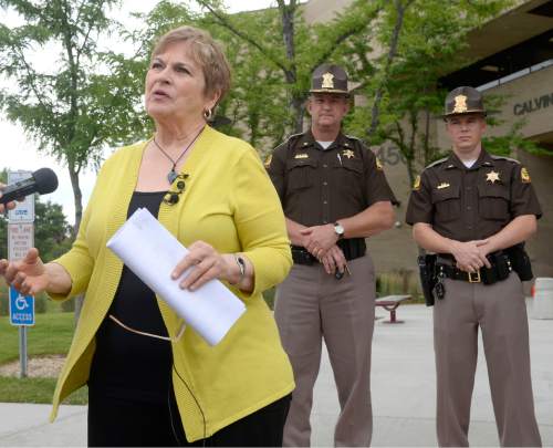 Al Hartmann  |  The Salt Lake Tribune 
Utah AAA spokesperson Rolayne Fairclough joins members of the UHP at a news conference in Taylorsville Wed. June 29 asking people to slow down and drive safely this Fourth of July weekend which expected to have the heaviest traffic of the year.