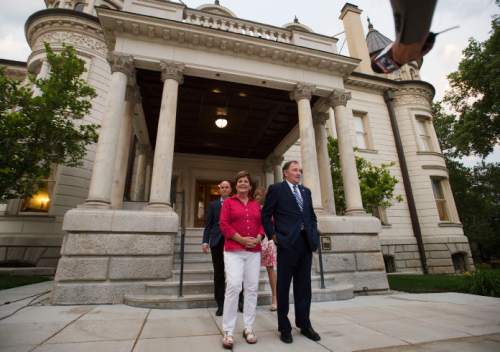 Steve Griffin  |  The Salt Lake Tribune

Gov. Gary Herbert and first lady Jeanette Herbert are joined by Lt. Gov. Spencer Cox and Abby Cox as they address the media to discuss their primary election victory on the western steps of the Governor's Mansion in Salt Lake City on Tuesday, June 28, 2016.