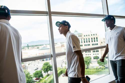 Chris Detrick  |  The Salt Lake Tribune
Utah Jazz rookies Joel Bolomboy, Tyrone Wallace and Marcus Paige take a tour of Vivint Smart Home Arena Wednesday June 29, 2016.