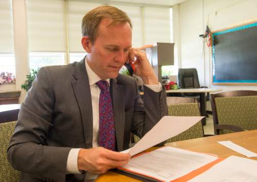 Rick Egan  |  The Salt Lake Tribune

Mayor Ben McAdams takes part in a White House Conference call, discussing a new program where counties can use data to evaluate their criminal justice systems, at Kearns Junior High School. Salt Lake County is a participant in the program. Thursday, June 30, 2016.