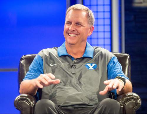 Rick Egan  |  The Salt Lake Tribune

BYU offensive line coach, Ty Detmer talks to the media at the annual football media day at the Broadcasting Building,Thursday, June 30, 2016.
