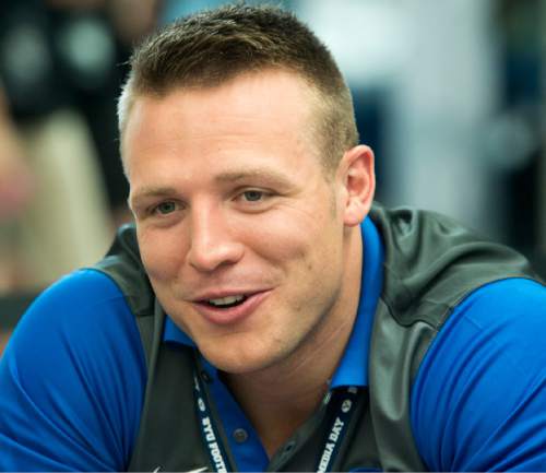 Rick Egan  |  The Salt Lake Tribune

Taysom Hill talks to reporters at the annual football media day at the Broadcasting Building,Thursday, June 30, 2016.
