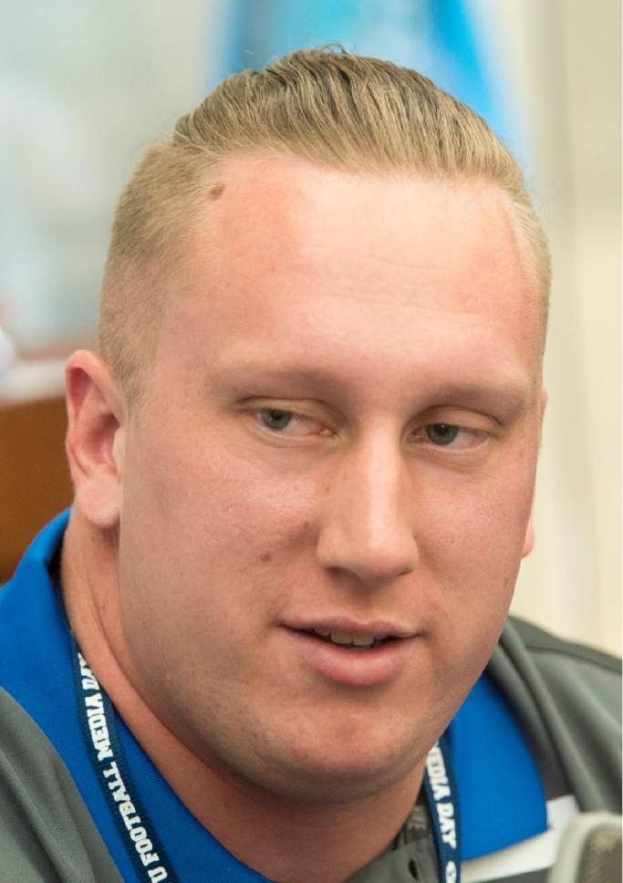 Rick Egan  |  The Salt Lake Tribune

Senior offensive lineman, Brad Wilcox. talks to reporters at the annual football media day at the Broadcasting Building,Thursday, June 30, 2016.