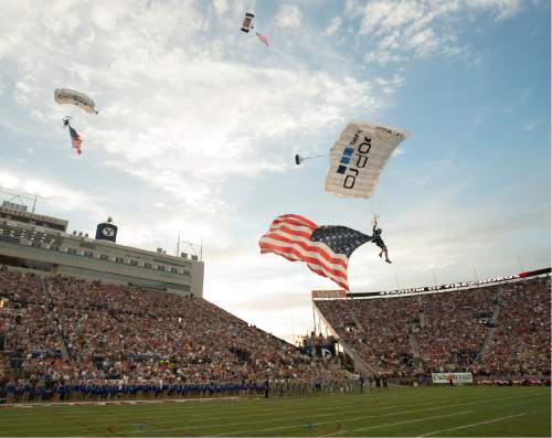 Rick Egan  |  The Salt Lake Tribune

The Rockwell Airtime Skydivers land at LaVell Edwards Stadium during the 36th annual Stadium of Fire in Provo, Saturday, July 2, 2016.