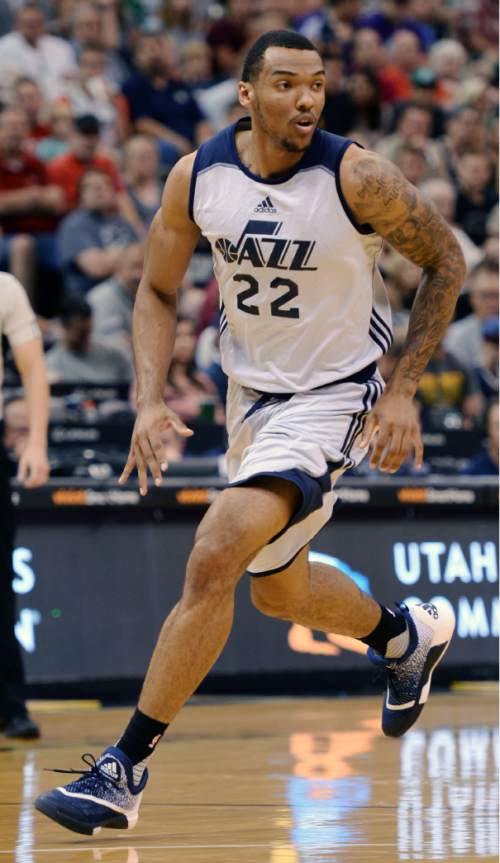 Steve Griffin / The Salt Lake Tribune

Utah Jazz forward Joel Bolomboy runs the court  during the Jazz versus Spurs summer league game at the Vivint Smart Home Arena in Salt Lake City Monday July 4, 2016.