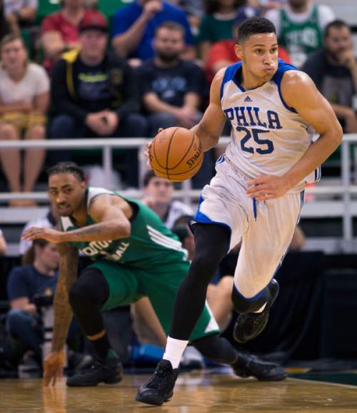 Steve Griffin / The Salt Lake Tribune

Philadelphia's Ben Simmons streaks up court as he plays in the summer league against the Boston Celtics at the Vivint Smart Home Arena in Salt Lake City Monday July 4, 2016. Simmons was the overall #1 pick in the 2016 NBA draft.