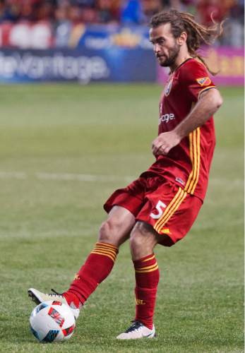 Michael Mangum  |  Special to the Tribune

Real Salt Lake midfielder Kyle Beckerman (5) makes a pass during their match against the Colorado Rapids at Rio Tinto Stadium in Sandy, UT on Saturday, April 9, 2016. RSL won 1-0.