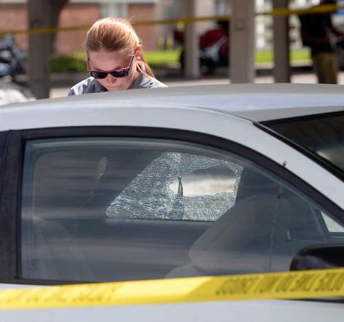 Al Hartmann  |  The Salt Lake Tribune 
A Salt Lake City police investigator looks for evidence next to shot out window at the scene of a drive-by shooting on Wednesday at City Park apartment complex parking area at 750 N. 900 West. One person was injured and transported to the hospital.