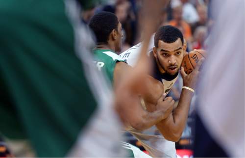Steve Griffin / The Salt Lake Tribune

Utah Jazz forward Trey Lyles looks for an opening during the Jazz versus Celtics summer league game at the Vivint Smart Home Arena in Salt Lake City Tuesday July 5, 2016. Lyles was called for an offensive foul on the play.