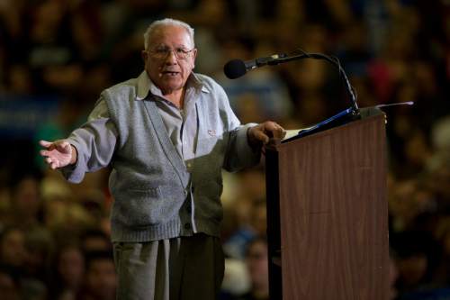 Jeremy Harmon  |  The Salt Lake Tribune

Community activist Archie Archuleta speaks to the crowd at the start of the Bernie Sanders rally at West High in Salt Lake City on Monday, March 21, 2016. Sanders spoke in Utah on the eve of the 2016 caucus.
