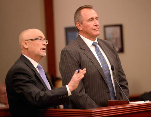 Al Hartmann  |  The Salt Lake Tribune

Former Utah Attorney General Mark Shurtleff stands with his attorney Richard Van Wagoner, left, as he pleads not guilty to five felonies and two misdemeanors on behalf of his client former Utah Attorney General Mark Shurtleff in Judge Elizabeth Hruby-Mills courtroom in Salt Lake City on Monday, June 29, 2015.