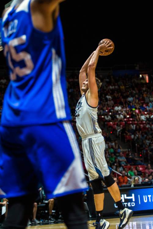 Chris Detrick  |  The Salt Lake Tribune
Utah Jazz's Tibor Pleiss (21) dunks the ball during the game at the Huntsman Center Thursday July 7, 2016.