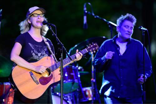 Scott Sommerdorf   |  The Salt Lake Tribune  
Laura Veirs, left, and k.d. lang on stage as the indie-folk collaboration collectively known as case/lang/veirs, performs at Red Butte Garden Amphitheatre, Friday, July 8, 2016. The trio, avant-rock singer Neko Case, alt-country pioneer k.d. lang and folk artist Laura Veirs, are touring this summer in support of their self-titled album released in mid-June. Loch Lomond opened the show.
