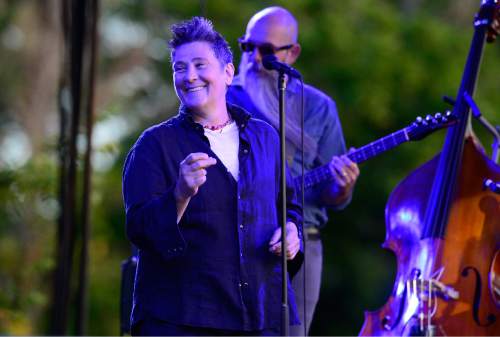 Scott Sommerdorf   |  The Salt Lake Tribune  
k.d. lang smiles as she arrives on stage as the indie-folk collaboration collectively known as case/lang/veirs, performs at Red Butte Garden Amphitheatre, Friday, July 8, 2016. The trio, avant-rock singer Neko Case, alt-country pioneer k.d. lang and folk artist Laura Veirs, are touring this summer in support of their self-titled album released in mid-June. Loch Lomond opened the show.