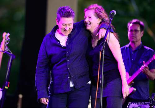 Scott Sommerdorf   |  The Salt Lake Tribune  
k.d. lang, left, and Neko Case on stage as the indie-folk collaboration collectively known as case/lang/veirs, performs at Red Butte Garden Amphitheatre, Friday, July 8, 2016. The trio, avant-rock singer Neko Case, alt-country pioneer k.d. lang and folk artist Laura Veirs, are touring this summer in support of their self-titled album released in mid-June. Loch Lomond opened the show.