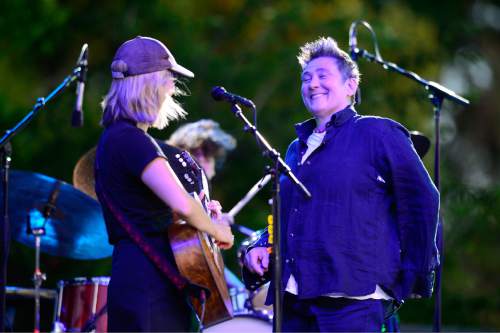 Scott Sommerdorf   |  The Salt Lake Tribune  
Laura Veirs, left, and k.d. lang on stage as the indie-folk collaboration collectively known as case/lang/veirs, performs at Red Butte Garden Amphitheatre, Friday, July 8, 2016. The trio, avant-rock singer Neko Case, alt-country pioneer k.d. lang and folk artist Laura Veirs, are touring this summer in support of their self-titled album released in mid-June. Loch Lomond opened the show.