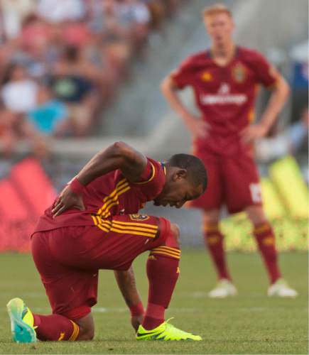 Michael Mangum  |  Special to the Tribune

Real Salt Lake forward Joao Plata (10) kneels on the pitch following a knock to the lower back during their MLS match  against the Montreal Impact at Rio Tinto Stadium in Sandy, UT on Saturday, July 9th, 2016.