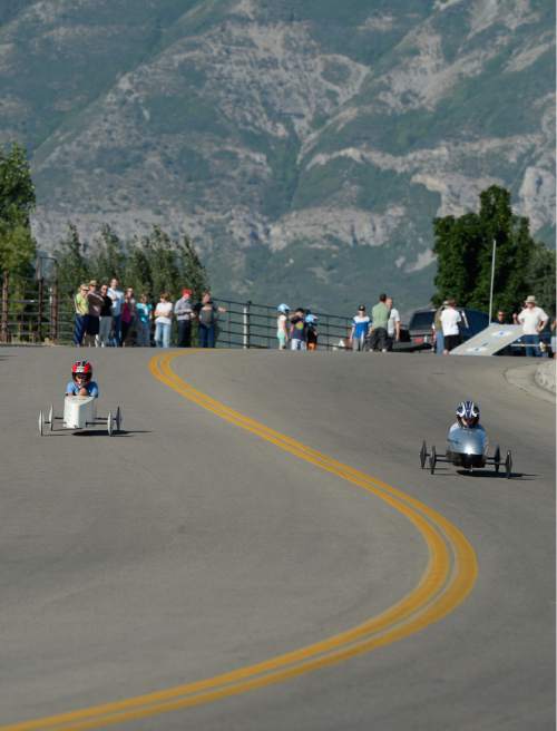Francisco Kjolseth | The Salt Lake Tribune
Kids compete in the 6th annual American Fork Gravity Soap Box Derby on Thursday July 7th, 2016.