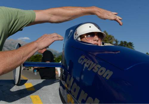 Francisco Kjolseth | The Salt Lake Tribune
Grayson Hardman, 14, prepares for a run in Blue Steel as kids compete in the 6th annual American Fork Gravity Soap Box Derby on Thursday July 7th, 2016.