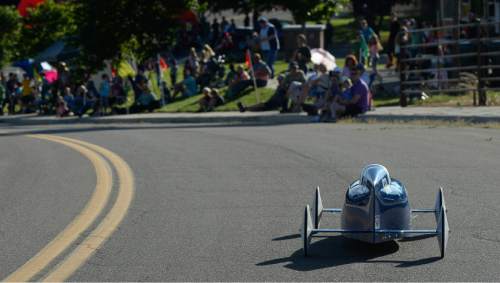 Francisco Kjolseth | The Salt Lake Tribune
Grayson Hardman, 14, lays down some of the fastest times with Blue Steel as kids compete in the 6th annual American Fork Gravity Soap Box Derby on Thursday July 7th, 2016.