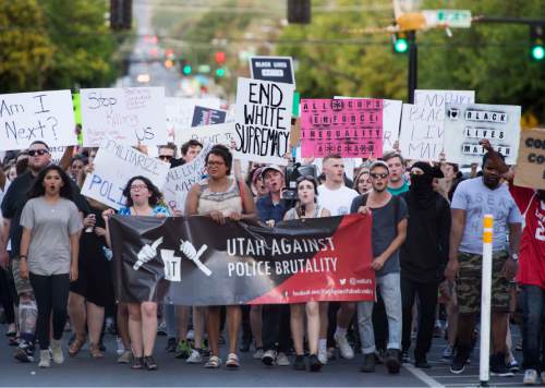 Rick Egan  |  The Salt Lake Tribune

Hundreds of protesters leave the Salt Lake City Public Safety Building square,  to march to Sam Gill's office, during an emergency protest against police brutality to support the protests in Baton Rouge and St. Paul, Saturday, July 9, 2016.