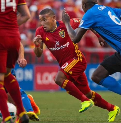Michael Mangum  |  Special to the Tribune

Real Salt Lake forward Joao Plata (10) darts through the defense during their MLS match against the Montreal Impact at Rio Tinto Stadium in Sandy, UT on Saturday, July 9th, 2016. The match ended in a 1-1 draw.
