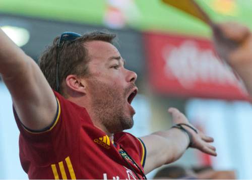 Michael Mangum  |  Special to the Tribune

A Real Salt Lake fan reacts following a near goal for RSL during their MLS match against the Montreal Impact at Rio Tinto Stadium in Sandy, UT on Saturday, July 9th, 2016.