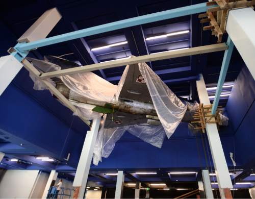 Steve Griffin | The Salt Lake Tribune

A MiG-21  is suspended from the ceiling at The Leonardo as part of its new exhibit "Flight." The installment is the museum's first major exhibit created in-house. The exhibit opens in August 2016.