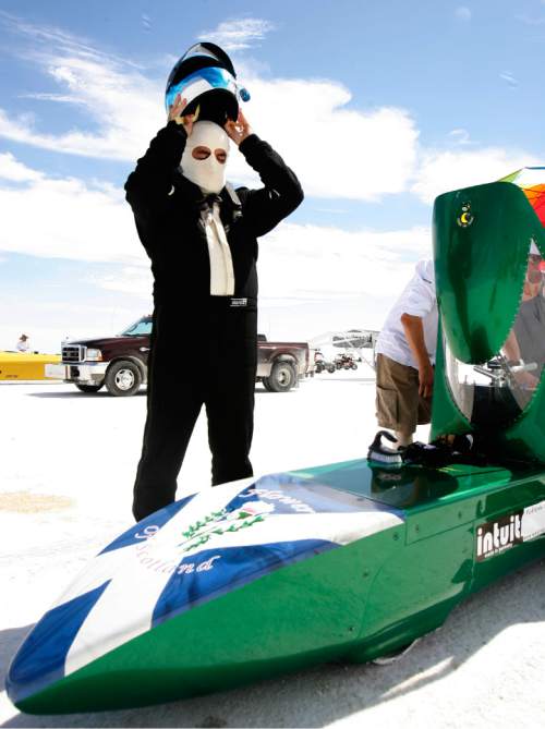 Rick Egan   |  Tribune file photo

Rick Pearson prepares for a run on the Salt Flats in his car "Flower if Scotland" during Speed Week, at the Bonneville Salt Flats, Thursday, August 18, 2011.