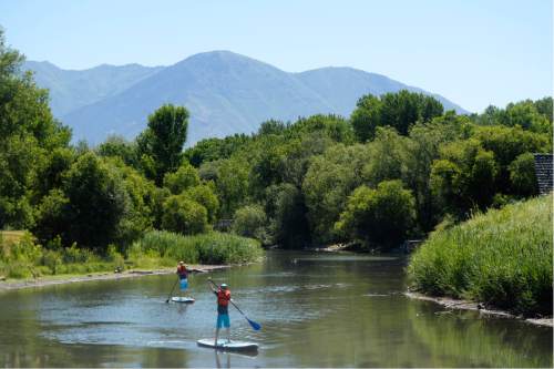 Rick Egan  |  The Salt Lake Tribune

Trenton DeLong 12, and Colton DeLong 14, paddle down the Provo River, at Utah Lake State Park, Thursday, July 14, 2016.