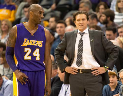 Rick Egan  |  The Salt Lake Tribune

Utah Jazz head coach Quin Snyder has a chat with Los Angeles Lakers forward Kobe Bryant (24) during a break in the action, as the Utah Jazz beat the the Los Angeles Lakers 123-75, in Salt Lake City, Monday, March 28, 2016.