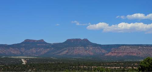 Scott Sommerdorf   |  The Salt Lake Tribune  
A view of the Bears Ears as seen from a spot near the Kane Gulch BLM Ranger Station in San Juan County, Thursday, July 14, 2016. U.S. Interior Secretary Sally Jewell is visiting the area on fact-finding visit about the Bear Ears National Monument and Public Lands Initiative proposals.