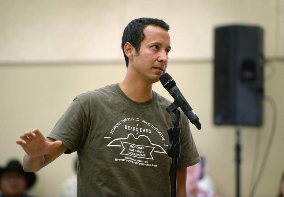 Scott Sommerdorf   |  The Salt Lake Tribune  
Native man Byron Clarke speaks during the public meeting in opposition to the Bears Ears National Monument at the Bluff Community Center, Saturday, July 16, 2016.