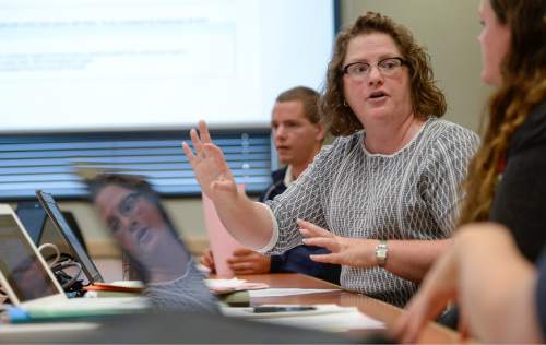 Francisco Kjolseth | The Salt Lake Tribune
American Fork High School teacher Melody Apezteguia, second from right, works with a group of teachers as part of her position as a Professional Learning Community Coordinator. On Friday she is being named Utah's 2016 Teacher of The Year.