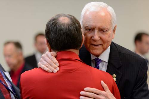 Trent Nelson  |  The Salt Lake Tribune
Governor Gary Herbert is embraced by Senator Orrin Hatch as the Utah Republican delegation meets over breakfast in Akron, OH, Monday July 18, 2016.