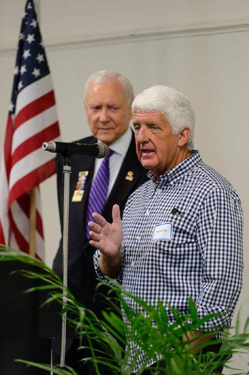 Trent Nelson  |  The Salt Lake Tribune
Congressman Rob Bishop speaks at the Utah Republican delegation at their daily breakfast in Akron, OH, Monday July 18, 2016. Senator Orrin Hatch at left.