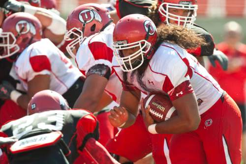 Chris Detrick  |  The Salt Lake Tribune
Utah Ute Thretton Palamo runs the ball during a practice at Rice-Eccles Stadium Wednesday August 10, 2011.