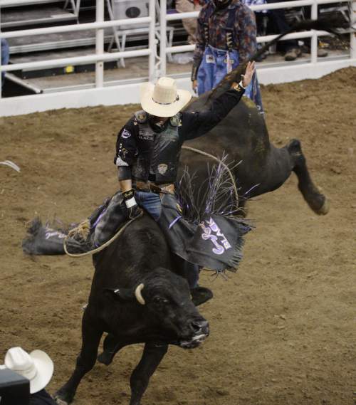Steve Griffin  |  The Salt Lake Tribune


Wesley Silcox, of Santaquin, UT, rides Undertaker to an 86 during the bull riding event in the second night of the  Days of '47 Rodeo at EnergySolutions Arena in Salt Lake City, Wednesday, July 22, 2015.