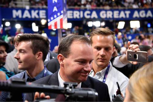 Trent Nelson  |  The Salt Lake Tribune
Sen. Mike Lee is interviewed after the Utah delegation voted for Senator Ted Cruz in the roll call of the states to pick the Republican nominee at the 2016 Republican National Convention in Cleveland, Tuesday July 19, 2016. Because of party rules the votes were recorded in Donald Trump's column.