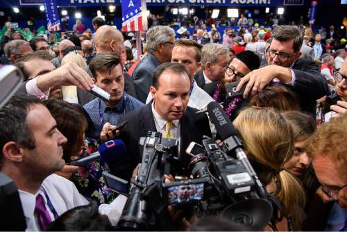 Trent Nelson  |  The Salt Lake Tribune
Sen. Mike Lee is interviewed after the Utah delegation voted for Sen. Ted Cruz in the roll call of the states to pick the Republican nominee at the 2016 Republican National Convention in Cleveland, Tuesday July 19, 2016.