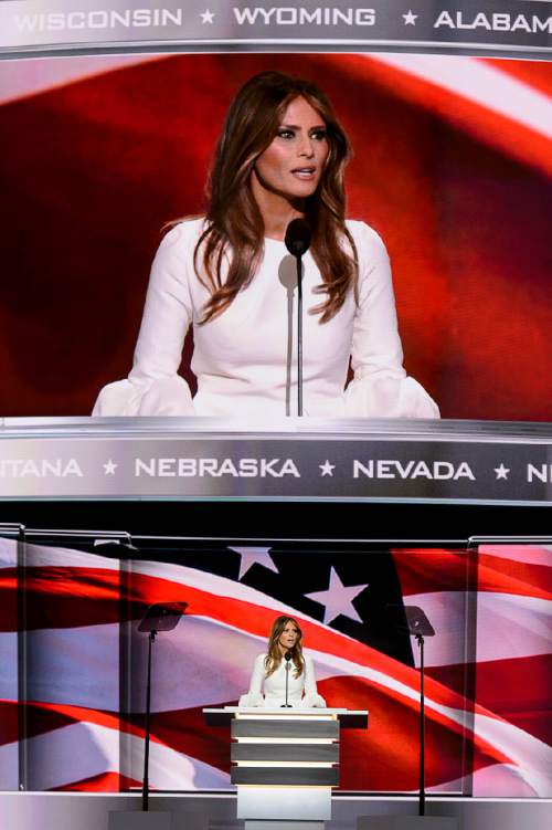 Trent Nelson  |  The Salt Lake Tribune
Melania Trump speaks at the 2016 Republican National Convention in Cleveland, OH, Monday July 18, 2016.