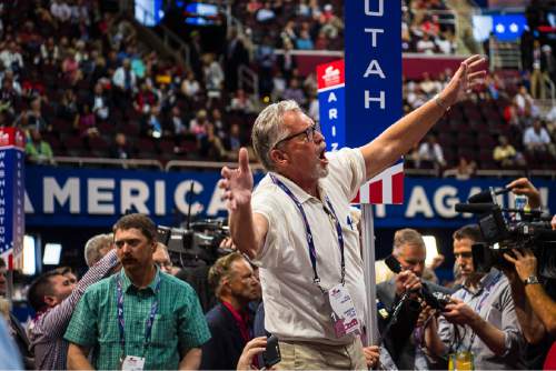 Trent Nelson  |  The Salt Lake Tribune
Utah delegate Scott Hawkins boos during a dispute over the adoption of rules at the 2016 Republican National Convention in Cleveland, OH, Monday July 18, 2016.
