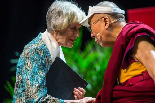 Chris Detrick  |  The Salt Lake Tribune
Pamela Atkinson greets the Dalai Lama at the Huntsman Center at the University of Utah Tuesday June 21, 2016.