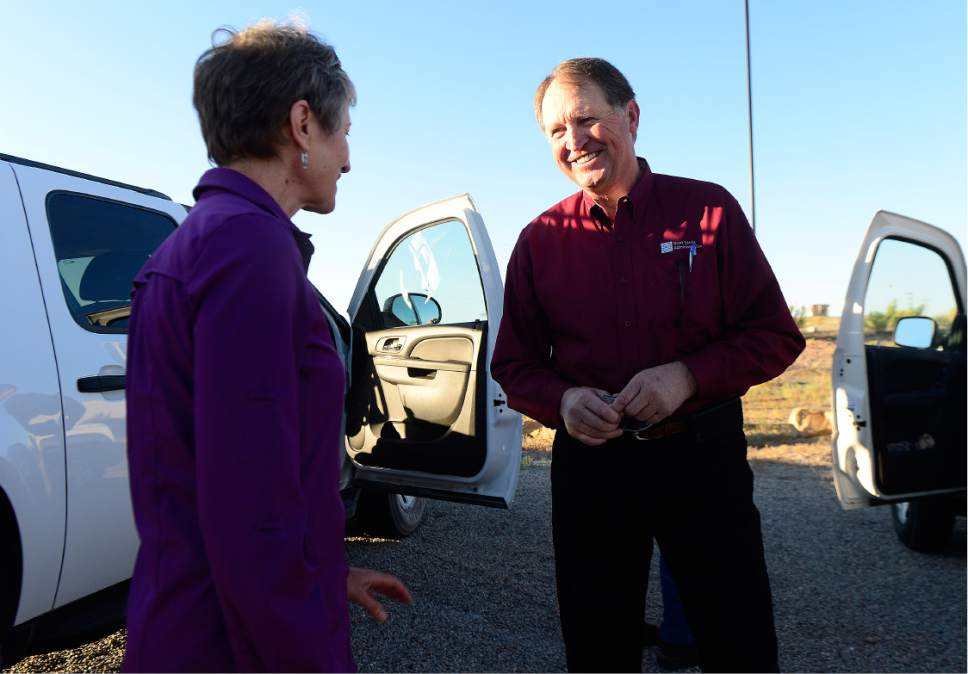 Scott Sommerdorf   |   Tribune file photo
Interior Secretary Sally Jewell speaks with SITLA Director Dave Ure prior to touring The Gemini Bridges near Moab, Thursday, July 14, 2016. Comments earlier this month by Ure spurred a letter from the Ute Indian Tribe saying it is severing ties with Utah trust-lands managers.