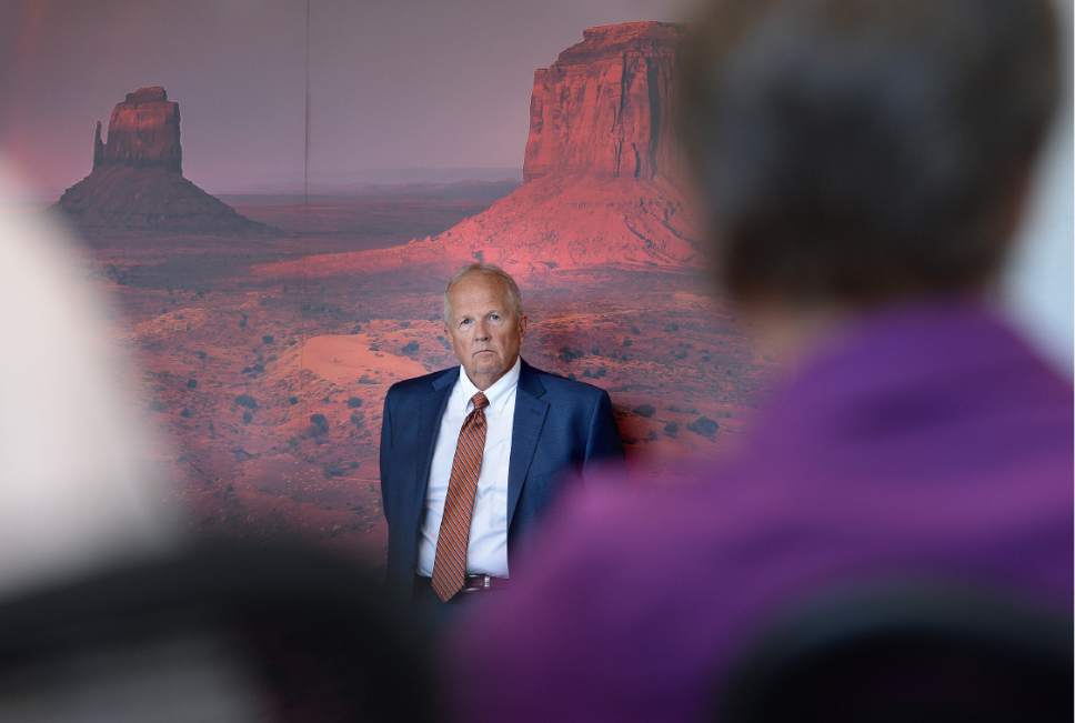 Scott Sommerdorf   |  The Salt Lake Tribune  
Utah state Representative Mike Noel, R-Kanab, watches Interior Secretary Sally Jewell as she speaks at a public meeting with the San Juan County Commissioners in Monticello, Thursday, July 14, 2016.