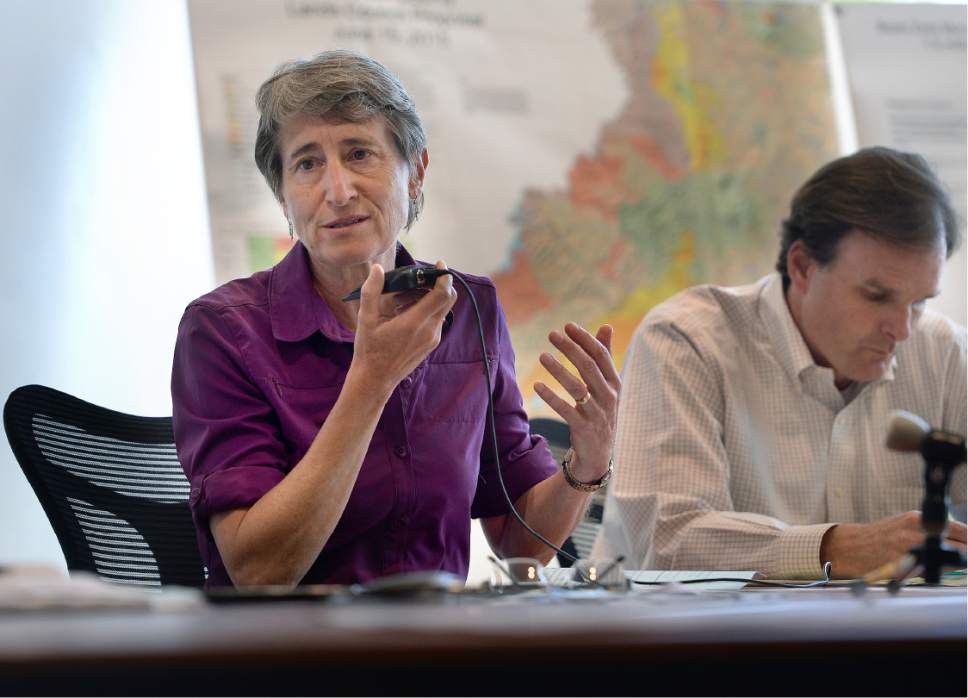 Scott Sommerdorf   |  The Salt Lake Tribune  
Interior Secretary Sally Jewell speaks at a meeting with the San Juan County Commissioners in a public meeting in Monticello, Thursday, July 14, 2016. To the right is Undersecretary of Natural Resources and Environment and USDA, Robert Bonnie.