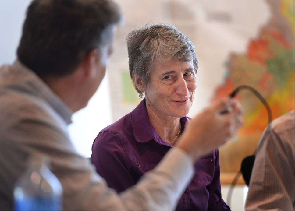 Scott Sommerdorf   |  The Salt Lake Tribune  
Interior Secretary Sally Jewell gives a wry look to San Juan County Commissioner Phil Lyman, left, when he mentioned that he hoped that decisions weren't being made in Washington D.C. by "people looking at Google Maps" in a public meeting in Monticello, Thursday, July 14, 2016. Jewell assured him that's not how decisions get made.